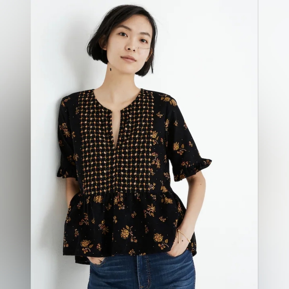 Madewell Corduroy Acorn Foulard Peplum Top in Cord Floral True Black